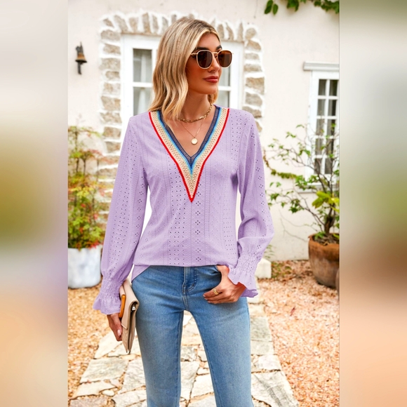 Eyelet Flounce Sleeve V-Neck Blouse.Hit The Like ♡ Button For SALE Price!! - Picture 1 of 3